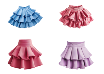Four colorful tiered mini skirts with transparent background