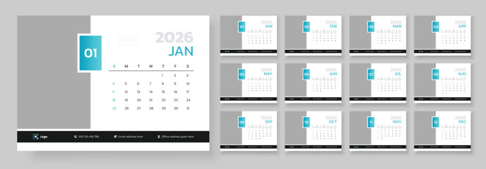 2026 calendar planner set of template monthly calendar. 2026 desk calendar design template, 12 month corporate table calendar design, Week start on Sunday.