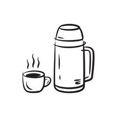Hand-drawn thermos and coffee cup - minimalist black and white line art. Hand drawn vector illustration