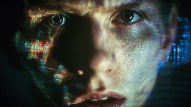 Analog Horror Face VCR Glitch for Editorial Use. Close-up horror portrait with analog static flicker effect for editorial and alternative fashion branding.