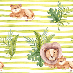 Watercolor seamless pattern with cute lion baby and adult and Tropical leaves on green striped background. Safari Animals hand drawn illustrations for kid textile prints, wallpaper and packaging paper