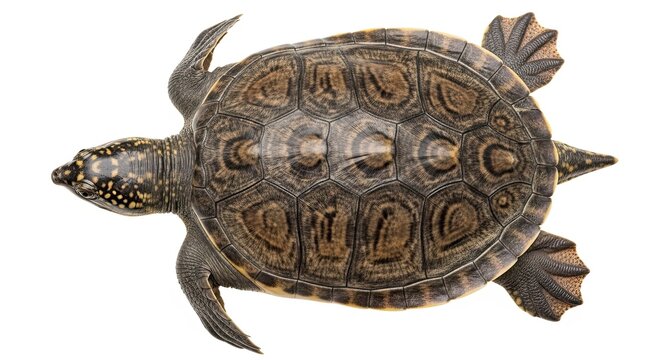 A turtle viewed from above on a white background