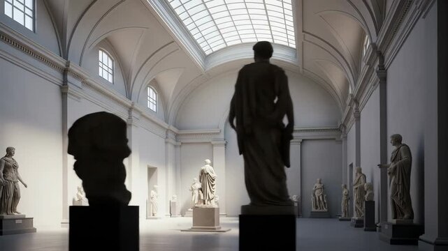 Grand museum hall or art gallery featuring classical marble statues and sculptures under natural light from a large skylight.