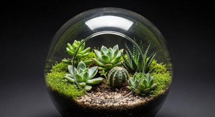 Glass Terrarium with Succulent Plants in Black Spherical Container