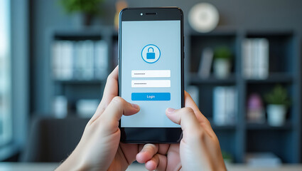 Fototapeta premium Hands holding smartphone with login screen and password protection on display