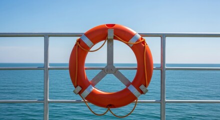 Bright Orange Life Ring Hanging on Metal Railings Over Calm Blue Ocean