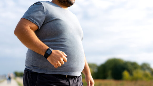 A man with a large belly walking with a fitness tracker, tracking progress