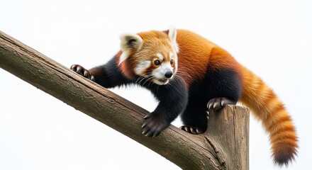 A red panda climbs a tree branch