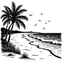 Tropical beach with palm trees and flying birds ocean waves