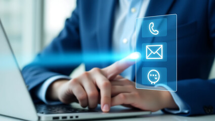 Businessman using digital interface for communication and contact options modern technology concept