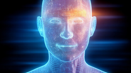 Creating a digital human model using advanced technology to simulate lifelike facial features and expressions with vibrant blue and orange lighting effects