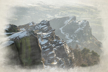 A rural British countryside winter landscape digital watercolour illustration of Hen Cloud.