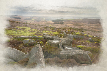 Stanage Edge Derbyshire Peak District bleak winter rural landscape digital watercolour painting.