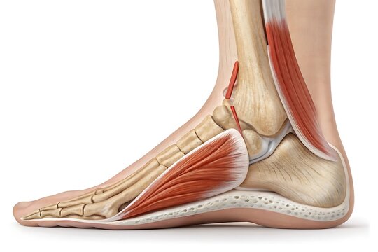 Anatomy of the Human Foot and Ankle Showing Bones Muscles and Tendons for Medical Illustration and Educational Purposes on a White Background