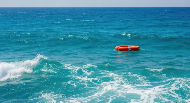 Lifebuoy Floating in Bright Blue Ocean with Waves and Clear Sky