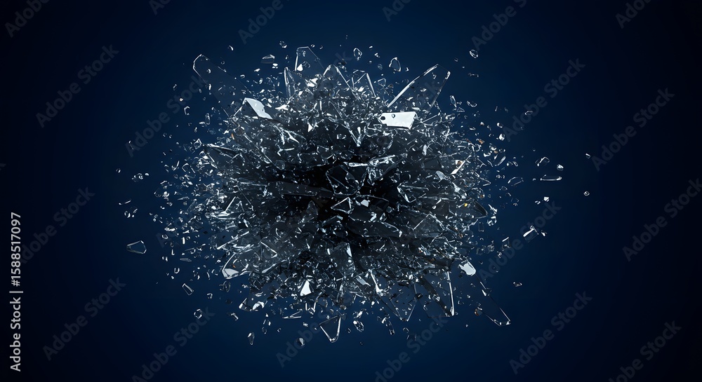 Poster abstract image of shattered glass fragments exploding outward against a dark blue background, creati