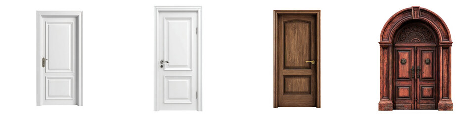 White door with metal handle and classic panel design, wooden door with brass handle, and ornate vintage red door with arch frame, isolated