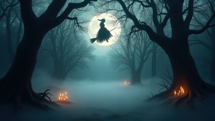 Spooky Halloween scene with witch silhouette flying on broomstick across full moon through misty forest with bare twisted trees and flying bats