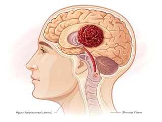Illustration of a Brain Tumor in a Human Head Showing the Location and Impact of the Tumor on Brain Structures and Functionality