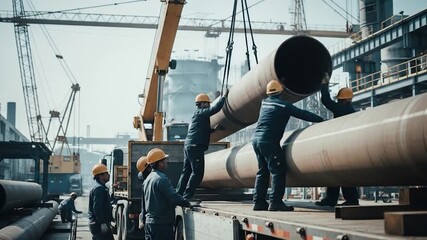 Construction Workers Unloading Large Metal Pipes from Truck with Crane at Industrial Site