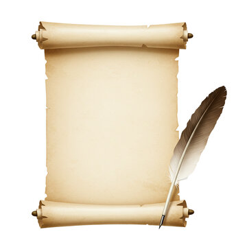 realistic open parchment scroll with feather quill isolated on white background 