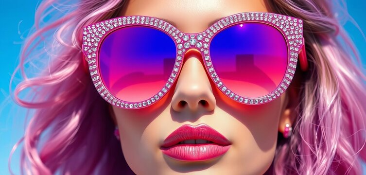 Pink rhinestone sunglasses model, pink lens, vibrant blue sky, futuristic pastel fashion,  accessories,   vogue