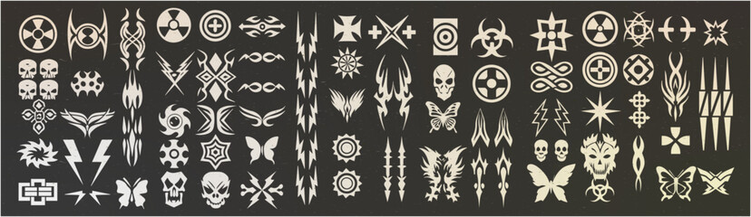 Brutalism tech graphic set. including skulls, tribal patterns, flames, butterflies, and symbols. Y2K monochrome interface for sci-fi UI, poster or branding design.