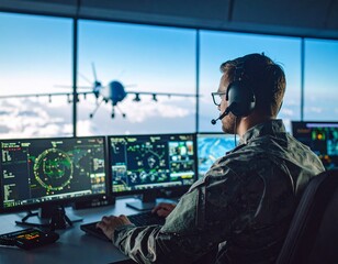 Military Drone Operator Monitoring UAV Operations in Control Room