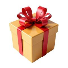 Obraz premium Shiny Golden Gift Box with Red Ribbon and Bow on a Transparent background