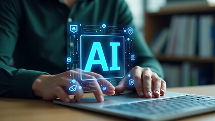 Human using laptop with AI interface artificial intelligence concept for business and technology