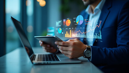 Businessman analyzing financial data with tablet and laptop charts and graphs overlay