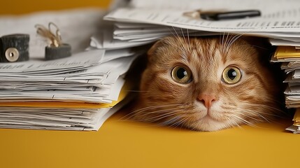 Tired cat is lying on the office desk under a pile of work papers with plans and reports. The concept of burnout at work, fatigue and stress, deadline on work