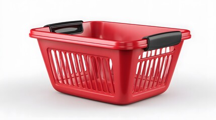 Fototapeta premium Red Plastic Laundry Basket on White Background – Everyday Utility Object for Clothes Organization with Ventilation and Sturdy Black Handles