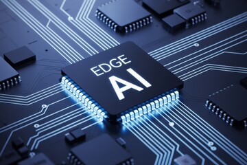 Dark circuit board with glowing "EDGE AI" chip, other components, and light blue circuitry.