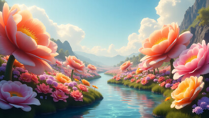 Peaceful Valley of Giant Flowers