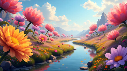 Peaceful Valley of Giant Flowers