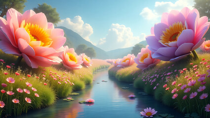 Peaceful Valley of Giant Flowers