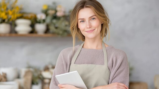 A young female barista stands confidently in a charming cafe holding a tablet, surrounded by cups and kitchen details. This image blends hospitality with digital service in a warm, inviting environmen - Powered by Adobe