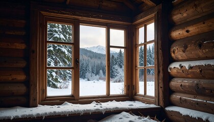 Winter view from a log cabin window