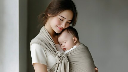 A touching image of a mother gently cuddling her baby, wrapped closely in a sling against her chest. The soft light and neutral tones highlight the intimacy and nurturing connection between mother
