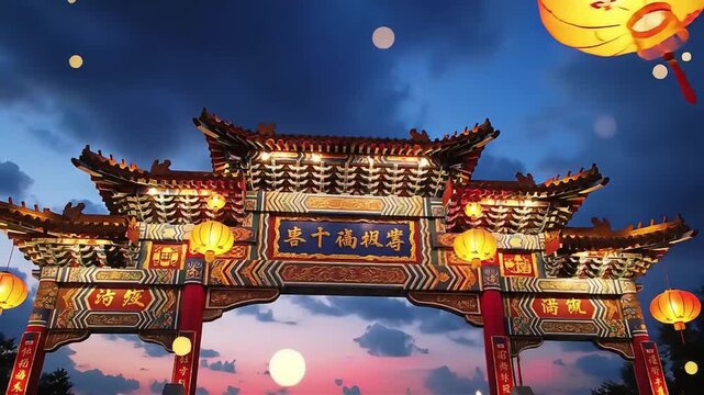 Ornate Chinese Gate Illuminated at Dusk with Lanterns and Floating Lights Video