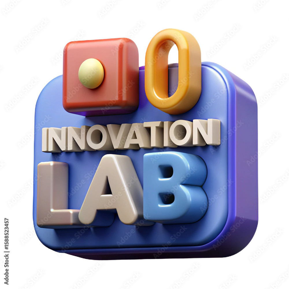 Poster 3d rendered innovation lab logo with colorful blocks and text isolated on white background