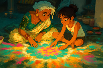 Nighttime Rangoli creation during Diwali festival
