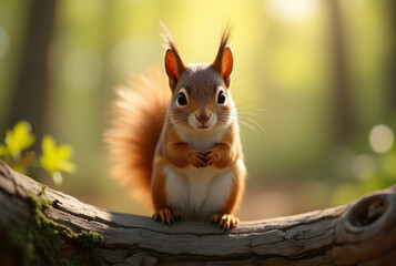 Close-up of a red squirrel perched on a tree branch in a forest, looking directly at the camera.