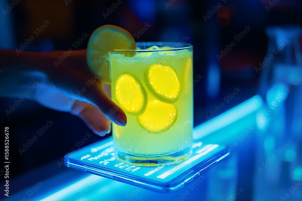 Poster ai-infused lemonade glowing in rhythm to data pulses, held in a handless levitation display