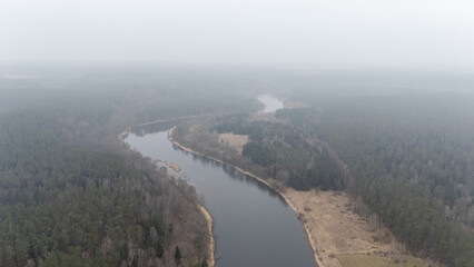 Foggy Aerial View of River and Forest