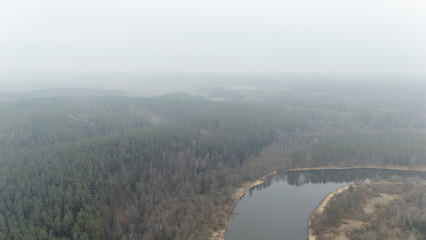 Foggy Forest and River Aerial View