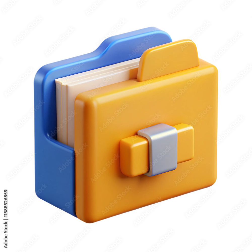 Poster stylized 3d icon of a file folder with documents inside and a latch isolated on white background