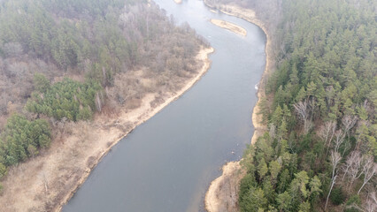 Aerial View of Winding River and Forest