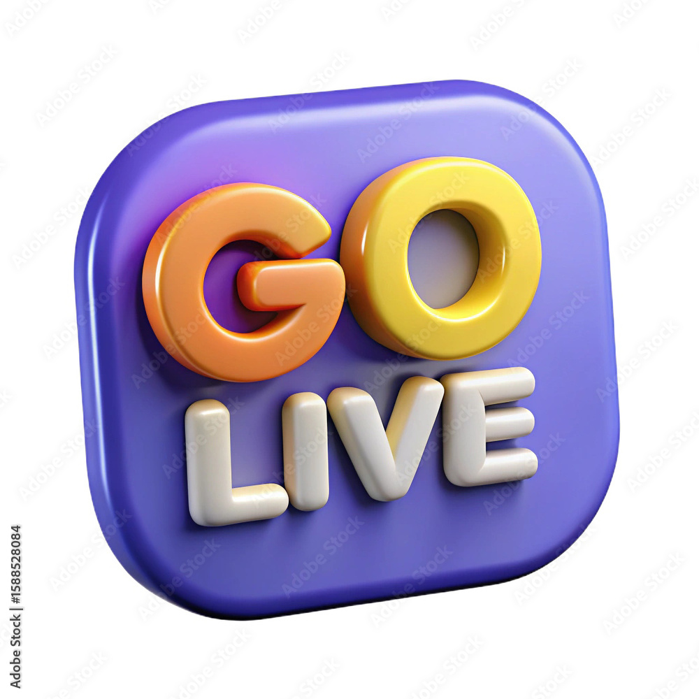 Poster 3d rendered go live button with colorful text and purple background isolated on white background